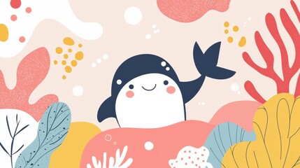 Cheerful cartoon whale swimming among colorful coral reefs underwater scene digital illustration vibrant environment playful concept