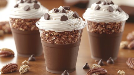 A trio of exquisite cups filled with luxurious chocolate for a delectable gourmet experience