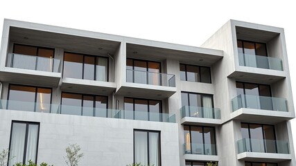 Modern Concrete Apartment Building, Minimalist Architecture, Sleek Balconies, Large Windows, AI Photo