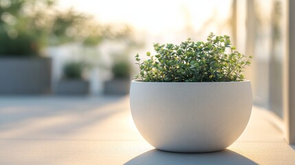 Elegant round fiberstone planter, matte white texture, placed on a modern balcony, diffused sunrise lighting, blurred pastel-toned background, calming aesthetic
