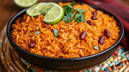 A bowl of vibrant rice dish garnished with lime and herbs, showcasing a delicious meal.
