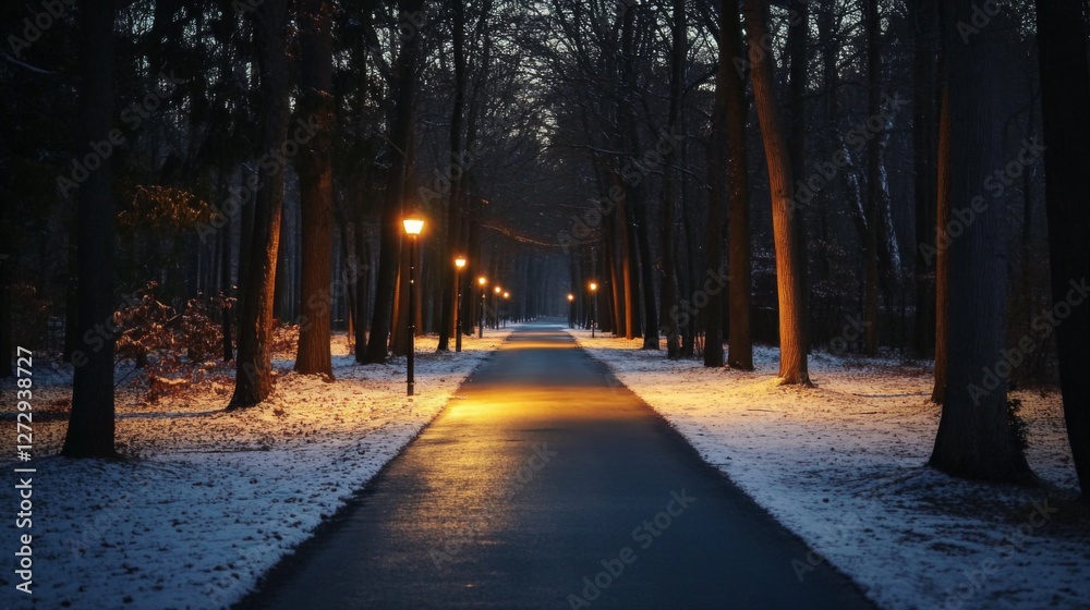 Poster streetlights glowing softly along a tree-lined road, casting long shadows and creating a peaceful ev