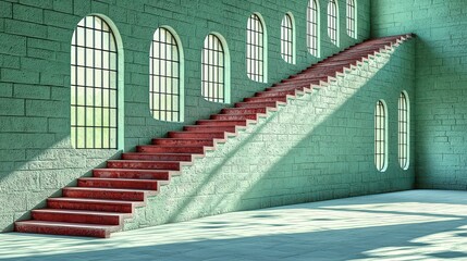 A vibrant red staircase nestled in a lush green room with bright letting in light