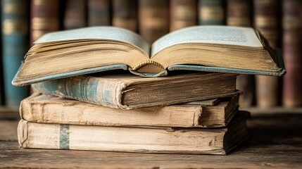 Open antique book on aged books, library backdrop