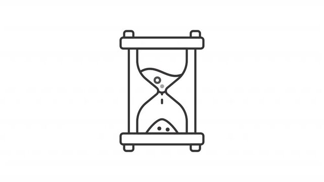 Animated sand timer icon. Time control line animation. Turns over, falling dust. Antique, decoration. Black illustration on white background. HD video with alpha channel. Motion graphic