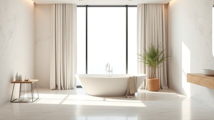 Fototapeta premium Modern Minimalist Bathroom Freestanding Tub Natural Light