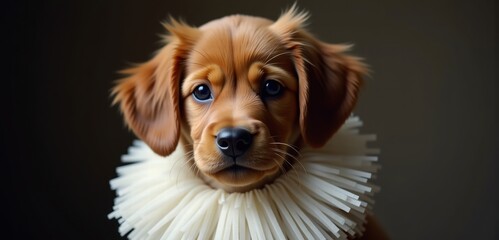 Adorable puppy with a unique ruff collar, perfect for promoting pet products, veterinary services, or playful pet-themed marketing campaigns.