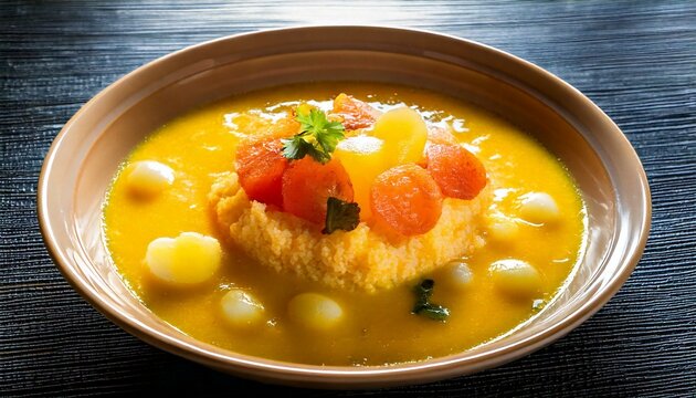 Generated image Authentic Papuan cuisine featuring papeda sago porridge and yellow fish soup with rich spices. Ideal for culinary blogs, travel, culture, and traditional Indonesian food themes.