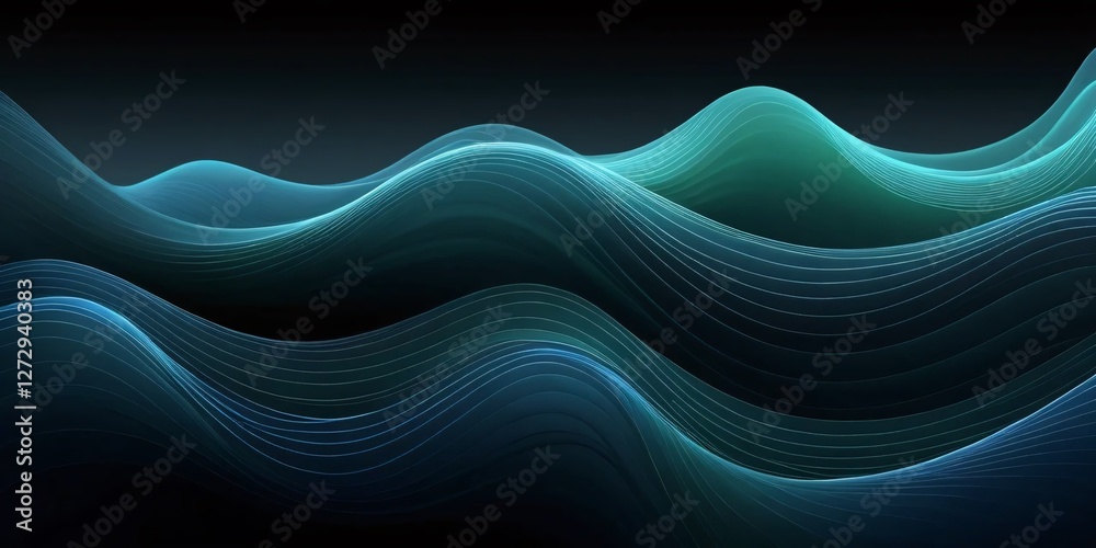 Fototapete fluid abstract waves. serene blue and teal gradients create depth and motion on dark backdrop. moder