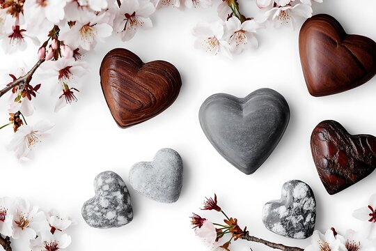 Zen Women's Day banner with zen stone hearts and tranquil cherry blossoms on a meditative white canvas. - Powered by Adobe