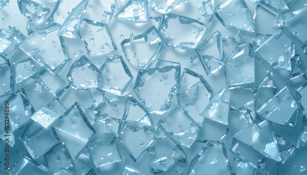 Fototapete Shattered Glass. Abstract Beauty in Broken Shards. Sparkling Texture, Cool Blue Tones. Fragile Material Reflections Create an Intriguing Design. Perfect for Conceptual Imagery and Backgrounds. Visual