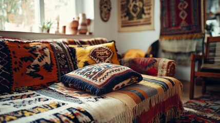 A plush blanket folded into a square shape is placed on the cozy living room sofa. The bohemian style, colorful sofas and carpets, are decorated with exotic tapestries and patterns,