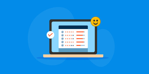 Customer rating, satisfaction graph with five-star review on web interface, smiley on laptop screen. Business concept.