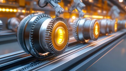 Obraz premium A futuristic automotive factory featuring a conveyor belt moving car engines through different stages of assembly