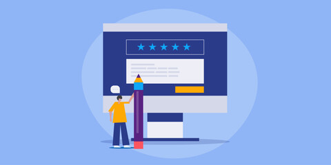 Customer survey, five-star rating with comment on computer screen, man with pencil writes business review.