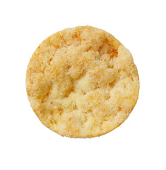 A round, yellow, crunchy snack with a white background