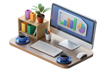 Modern Workplace Desk Setup with Computer, Charts, and Plant