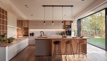 Cozy kitchen interior with bar island and cooking space, panoramic window