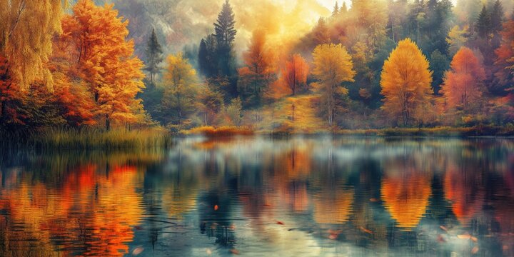 Stunning autumn landscape with vibrant foliage reflecting in tranquil lake