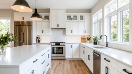 Modern Bright Kitchen with White Cabinets, Stainless Steel Appliances, and Large Windows Overlooking Nature in a Spacious Open Layout Design
