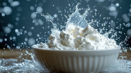 Whipped cream splashes in white bowl on wooden surface