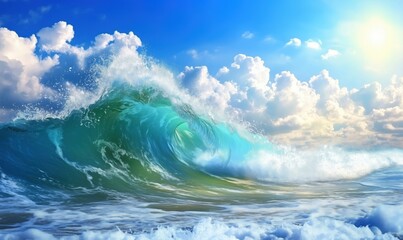 Majestic ocean wave crashing under bright blue sky with fluffy clouds