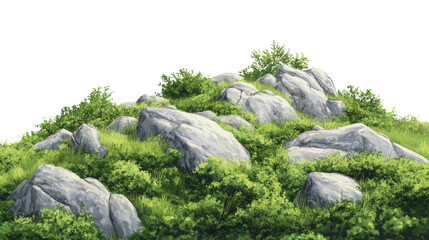 Scenic mountain trail through lush greenery and rocky terrain isolated on white transparent background