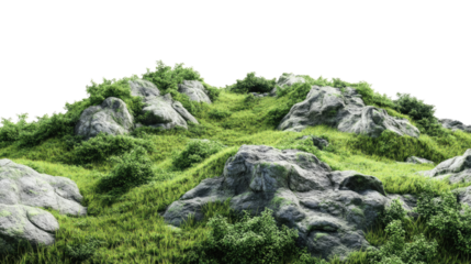 Scenic mountain trail through lush greenery and rocky terrain png isolated on white transparent background