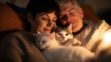 Obraz premium Warm Evening at Home with Couple and Cats, Enjoying Relaxation and Togetherness on a Cozy Sofa in Soft Lighting, Embracing Love and Comfort in a Serene Environment
