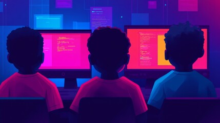Fototapeta premium Three Diverse Young Programmers Working on Colorful Coding Projects in a Modern Tech Environment with Vibrant Screens and Ambient Lighting