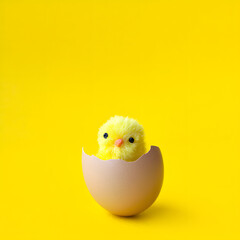A small yellow chick in its shell, set against a yellow background. Postcard with space for a caption, Easter concept