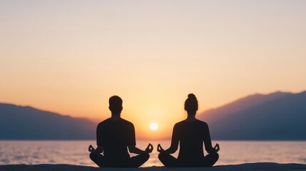 Obraz premium Serene Meditation by the Sea at Sunrise with Silhouetted Figures Practicing Yoga in Harmony with Nature's Morning Light
