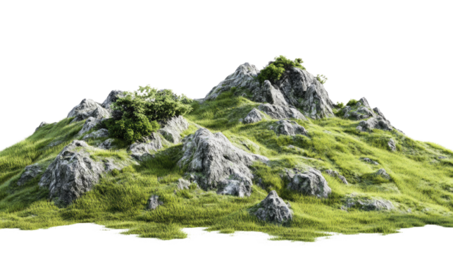 Scenic mountain trail through lush greenery and rocky terrain png isolated on transparent background