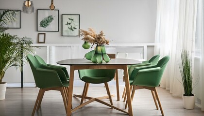 Minimalistic dining room interior, green chairs