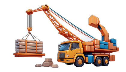 Tower Crane Lifting Materials 3D Cartoon Style Illustration on White Background