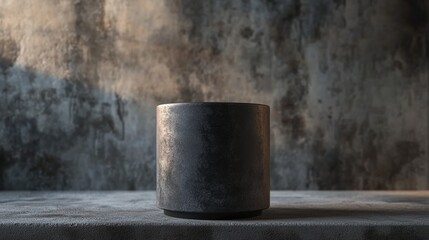 Fototapeta premium Industrial matte charcoal cylindrical planter, set against a raw concrete wall, moody lighting with deep shadows, blurred background emphasizing texture, photorealistic