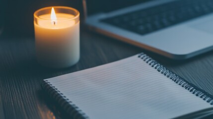 A peaceful workspace setup featuring a lit candle, an open notebook, and a laptop, perfect for inspiring creativity and relaxation in a modern environment