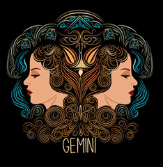 Gemini Zodiac sign beautiful girl hand drawn vector colorful illustration on black background. Astrological contemporary symbol with magic female character. Modern design for wall art, t-shirt, tattoo