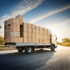 Truck full of carton boxes, shipping and delivery of goods