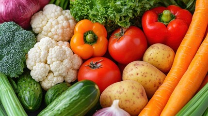 A vibrant assortment of fresh vegetables, including peppers, tomatoes, broccoli, and carrots, arranged neatly in a colorful spread.