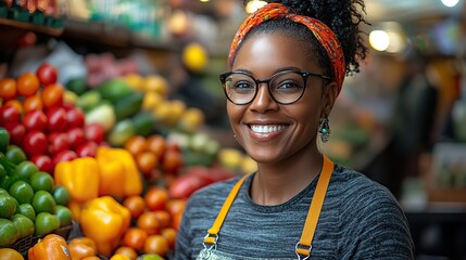 Naklejka premium happy customer shopping for fresh produce at a local market in a vibrant urban setting