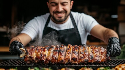 A chef grilling a large piece of meat, showcasing culinary skills and delicious food.