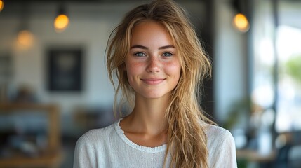happy female designer standing confidently in a modern office environment demonstrating creativity and professionalism in a collaborative workspace