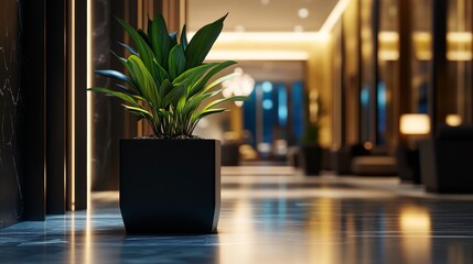 Matte black cubic fiberstone planter, placed in an elegant hotel lobby at night, warm overhead lighting casting soft glows, blurred luxury decor and marble flooring in the background, ultra-sharp 