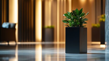 Matte black cubic fiberstone planter, placed in an elegant hotel lobby at night, warm overhead lighting casting soft glows, blurred luxury decor and marble flooring in the background, ultra-sharp 