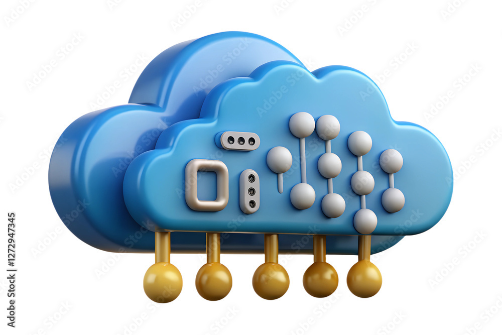 Poster 3d render of a blue cloud with data connections and server elements - cloud computing concept
