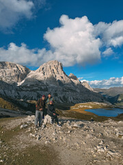 Fototapeta premium Hikkers group arrive at an out point look in the dolomites