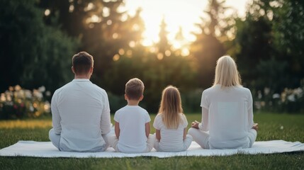 Fototapeta premium Family Meditation in Nature: Parents and Children Practicing Mindfulness Together at Sunset in a Peaceful Garden Setting
