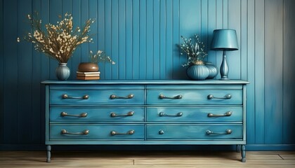 Blue chest of drawers, poster, white