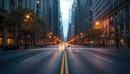 Fototapeta premium Empty city street at dawn, skyscrapers, traffic, urban